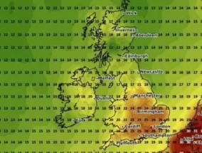 天气图显示，本周末英国部分地区气温将达到26摄氏度，出现“南北分化”